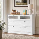 RichYa 6 Drawer Double Dresser,46"W White Chest of Drawer with Fluted Glass,Storage Cabinet for Bedroom Living Room