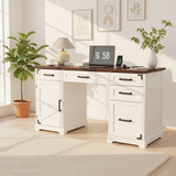RichYa 55" Farmhouse Executive Desk with Drawers, Home Office Desk with Charging Station for Work Study Writing, White