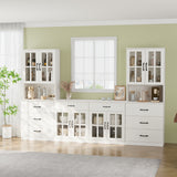 RichYa Kitchen Pantry Cabinet Set of 4,111" W Buffet Sideboard Coffee Bar with Glass Door Hutch,Modular Storage Cabinets with Shelves & Drawers for Dining Room,White