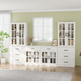 RichYa Kitchen Pantry Cabinet Set of 4,111" W Buffet Sideboard Coffee Bar with Glass Door Hutch,Modular Storage Cabinets with Shelves & Drawers for Dining Room,White