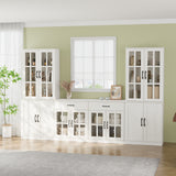 RichYa Kitchen Pantry Cabinet Set of 4,111" W Buffet Sideboard Coffee Bar with Glass Door Hutch,Modular Storage Cabinets with Shelves & Drawers for Dining Room,White