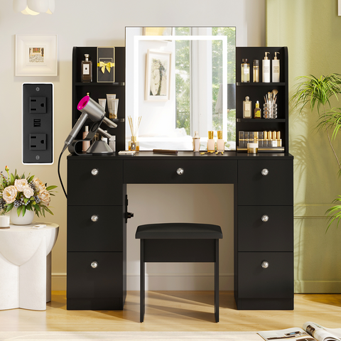 Modern Makeup Vanity Table Set with 3 Colors Lighted Mirror & 7 Drawers and Power Strip for Bedroom & Bathroom,Black