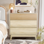 RichYa Fluted Wood Dresser for Bedroom,3-Drawer Dresser with Handle Free & Tapered Legs Design,Modern Nightstand for Living Room Hallway,Natural Oak