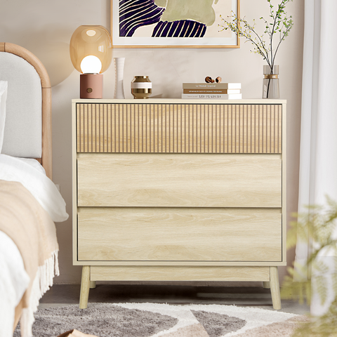 RichYa Fluted Wood Dresser for Bedroom,3-Drawer Dresser with Handle Free & Tapered Legs Design,Modern Nightstand for Living Room Hallway,Natural Oak