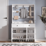 RichYa Entryway Shoe Storage Cabinet with Coat Rack, Shoe Rack Organizer with 2 Drawers & 3 Doors for Living Room,White(C)