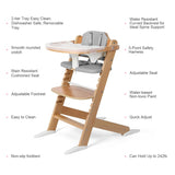 Cowiewie Wooden High Chair with 3 Tray, Toddler Feeding High Chair, 8 Height Adjustments, with Gray Cushion and Harness