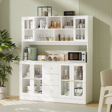 RichYa 59.1"W Large Kitchen Pantry Hutch Cabinet, Tall Coffee Bar Storage Cabinet with 6 Glass Doors, 3 Drawers & Microwave Shelf, Freestanding Cupboard with Large Countertop,White