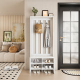 RichYa 65"H Hall Tree with Bench & Shoe Storage,Freestanding Coat Rack with Shoe Cabinets for Entryway, Living Room, White(A)