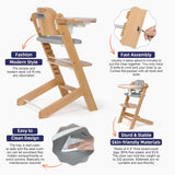 Cowiewie Wooden High Chair with 3 Tray, Toddler Feeding High Chair, 8 Height Adjustments, with Gray Cushion and Harness