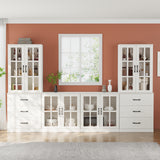 RichYa Kitchen Pantry Cabinet Set of 4,111" W Buffet Sideboard Coffee Bar with Glass Door Hutch,Modular Storage Cabinets with Shelves & Drawers for Dining Room,White