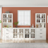 RichYa Kitchen Pantry Cabinet Set of 4,111" W Buffet Sideboard Coffee Bar with Glass Door Hutch,Modular Storage Cabinets with Shelves & Drawers for Dining Room,White