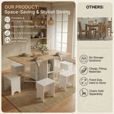 RichYa 63” Folding Dining Table Set for 4, Space Saving Drop Leaf Table with 4 Stools, Foldable Kitchen Table with Storage Shelves and 8 Wheels, for Small Spaces, 63" L×29.5" W×29.5" H, Wood White