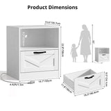 RichYa White Nightstand with Drawer and Charging Station, Farmhouse End Table with Open Shelf and Metal Handle, Side Table for Bedroom