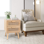 RichYa 2 Pcs Rattan Nightstand, Night Stand with 2 Drawers and Solid Wood Legs, Side Table with Storage for Bedroom, End Table for Kids Room