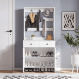 RichYa Entryway Shoe Storage Cabinet with Coat Rack, Shoe Rack Organizer with 2 Drawers & 2 Doors for Living Room,White(B)