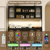 RichYa 64.4''H Kitchen Pantry Cabinet with RGB LED Light,3 Drawers Hutch Buffet Storage Cabinet with Glass Doors & Adjustable Shelves for Dining Room