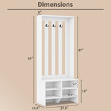 RichYa 65"H Hall Tree with Bench & Shoe Storage,Freestanding Coat Rack with Shoe Cabinets for Entryway, Living Room, White(A)
