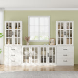 RichYa Kitchen Pantry Cabinet Set of 4,111" W Buffet Sideboard Coffee Bar with Glass Door Hutch,Modular Storage Cabinets with Shelves & Drawers for Dining Room,White