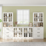 RichYa Kitchen Pantry Cabinet Set of 4,111" W Buffet Sideboard Coffee Bar with Glass Door Hutch,Modular Storage Cabinets with Shelves & Drawers for Dining Room,White