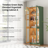RichYa 71"H Tall Kitchen Pantry Cabinet with LED Light,4 Glass Doors Curio Cabinet,5 Tier Display Cabinets for Dining Living Room,Green(A)