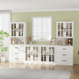 RichYa Kitchen Pantry Cabinet Set of 4,111" W Buffet Sideboard Coffee Bar with Glass Door Hutch,Modular Storage Cabinets with Shelves & Drawers for Dining Room,White