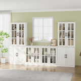 RichYa Kitchen Pantry Cabinet Set of 4,111" W Buffet Sideboard Coffee Bar with Glass Door Hutch,Modular Storage Cabinets with Shelves & Drawers for Dining Room,White