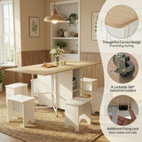 RichYa 63” Folding Dining Table Set for 4, Space Saving Drop Leaf Table with 4 Stools, Foldable Kitchen Table with Storage Shelves and 8 Wheels, for Small Spaces, 63" L×29.5" W×29.5" H, Wood White