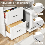 Richya File Cabinet with Charging Station, Printer Stand with Rolling Paper Shredder Stand, Wooden 2 Drawer Filing Cabinet with Open Storage Shelf for Home Office, White