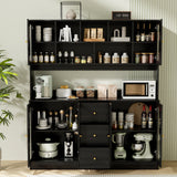 RichYa 59.1"W Large Kitchen Pantry Hutch Cabinet, Tall Coffee Bar Storage Cabinet with 6 Glass Doors, 3 Drawers & Microwave Shelf, Freestanding Cupboard with Large Countertop,White