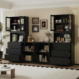 RichYa 4Pcs Kitchen Pantry Storage Cabinet Set,Modular Furniture Cabinets with Display Glass Doors,Hutch Buffet Cabinet with Drawers & Countertop for Dining Room