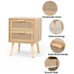 RichYa 2 Pcs Rattan Nightstand, Night Stand with 2 Drawers and Solid Wood Legs, Side Table with Storage for Bedroom, End Table for Kids Room