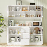 RichYa 59.1"W Large Kitchen Pantry Hutch Cabinet, Tall Coffee Bar Storage Cabinet with 6 Glass Doors, 3 Drawers & Microwave Shelf, Freestanding Cupboard with Large Countertop,White