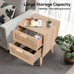 RichYa 2 Pcs Rattan Nightstand, Night Stand with 2 Drawers and Solid Wood Legs, Side Table with Storage for Bedroom, End Table for Kids Room