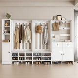 RichYa 65"H Hall Tree with Bench & Shoe Storage,Freestanding Coat Rack with Shoe Cabinets for Entryway, Living Room, White(A)