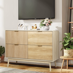 RichYa Fluted Wood Dresser for Bedroom,4-Drawer Dresser with Gold Handle & Tapered Legs Design,Modern TV Stands for Living Room Hallway,Natural Oak
