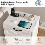 RichYa White Nightstand with Drawer and Charging Station, Farmhouse End Table with Open Shelf and Metal Handle, Side Table for Bedroom