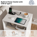 RichYa White Nightstand with Drawer and Charging Station, Farmhouse End Table with Open Shelf and Metal Handle, Side Table for Bedroom