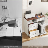 Richya File Cabinet with Charging Station, Printer Stand with Rolling Paper Shredder Stand, Wooden 2 Drawer Filing Cabinet with Open Storage Shelf for Home Office, White