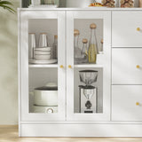 RichYa 59.1"W Large Kitchen Pantry Hutch Cabinet, Tall Coffee Bar Storage Cabinet with 6 Glass Doors, 3 Drawers & Microwave Shelf, Freestanding Cupboard with Large Countertop,White