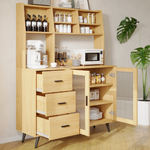 RichYa 59.6"H Kitchen Pantry Cabinet with Countertop & Tapered Legs,Freestanding Hutch Storage Cabinet with Glass Door & Adjustable Shelves for Dining Room,Light Wood