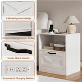 RichYa White Nightstand with Drawer and Charging Station, Farmhouse End Table with Open Shelf and Metal Handle, Side Table for Bedroom