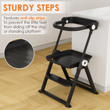 Cowiewie Folding Toddler Step Stool, Montessori Learning Tower for Kitchen and Bathroom, Black