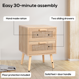 RichYa 2 Pcs Rattan Nightstand, Night Stand with 2 Drawers and Solid Wood Legs, Side Table with Storage for Bedroom, End Table for Kids Room