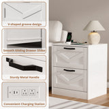 RichYa White Nightstand with Drawer and Charging Station, Farmhouse End Table with Open Shelf and Metal Handle, Side Table for Bedroom