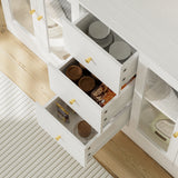 RichYa 59.1"W Large Kitchen Pantry Hutch Cabinet, Tall Coffee Bar Storage Cabinet with 6 Glass Doors, 3 Drawers & Microwave Shelf, Freestanding Cupboard with Large Countertop,White