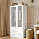 RichYa 3Pcs Armoire Wardrobe Closet with Hanging Rod,Clothes Storage Cabinet with Fluted Glass,Large Closet Organizer for Bedroom,White(ABB)