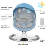 Baby Swing for Infants - Electric Indoor Baby Rocker 3 Speeds and 10 Lullabies, Portable, Touch Screen & Remote Control, Bluetooth, Blue