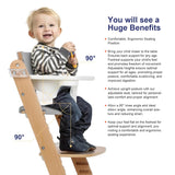 Cowiewie Wooden High Chair with 3 Tray, Toddler Feeding High Chair, 8 Height Adjustments, with Gray Cushion and Harness