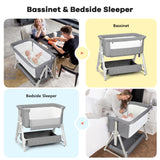 Cowiewie Baby Bassinet Bedside Portable Bassinet W/ Wheels Storage Travel Bag, for 0-6 Months, Light Gray