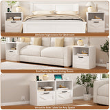 RichYa White Nightstand with Drawer and Charging Station, Farmhouse End Table with Open Shelf and Metal Handle, Side Table for Bedroom